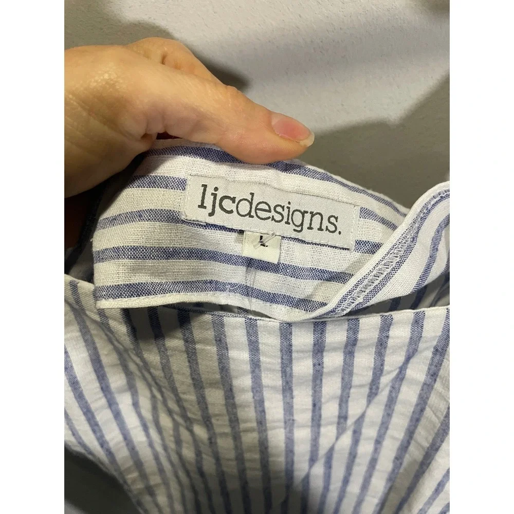 ljcdesigns Nusa Frill Dress Womens L Blue Stripe Ruffle Tie Shoulder Coastal Sum